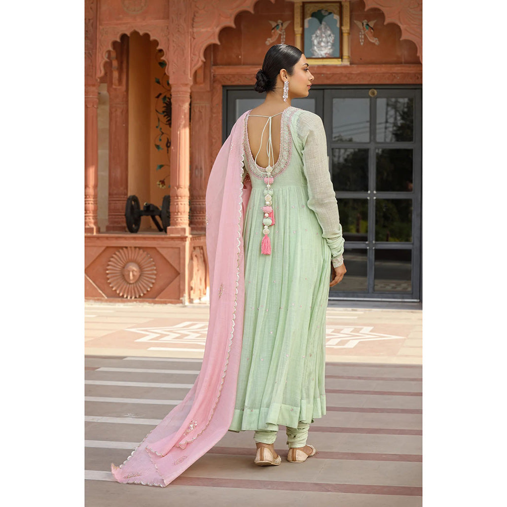 Amoree Green Embroidered Anarkali with Churidar and Dupatta (Set of 3)