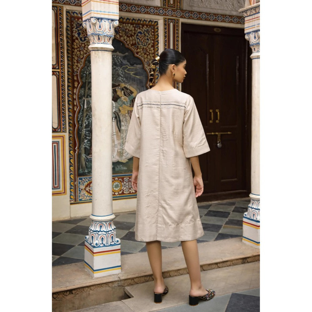 Amoree Beige Checks A-Line Dress With Cut Dana Handwork