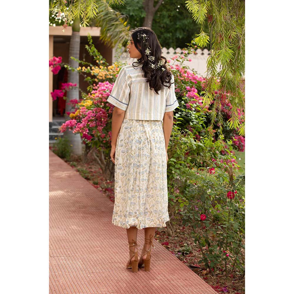 Amoree Womens Printed Off White Shirt with Skirt