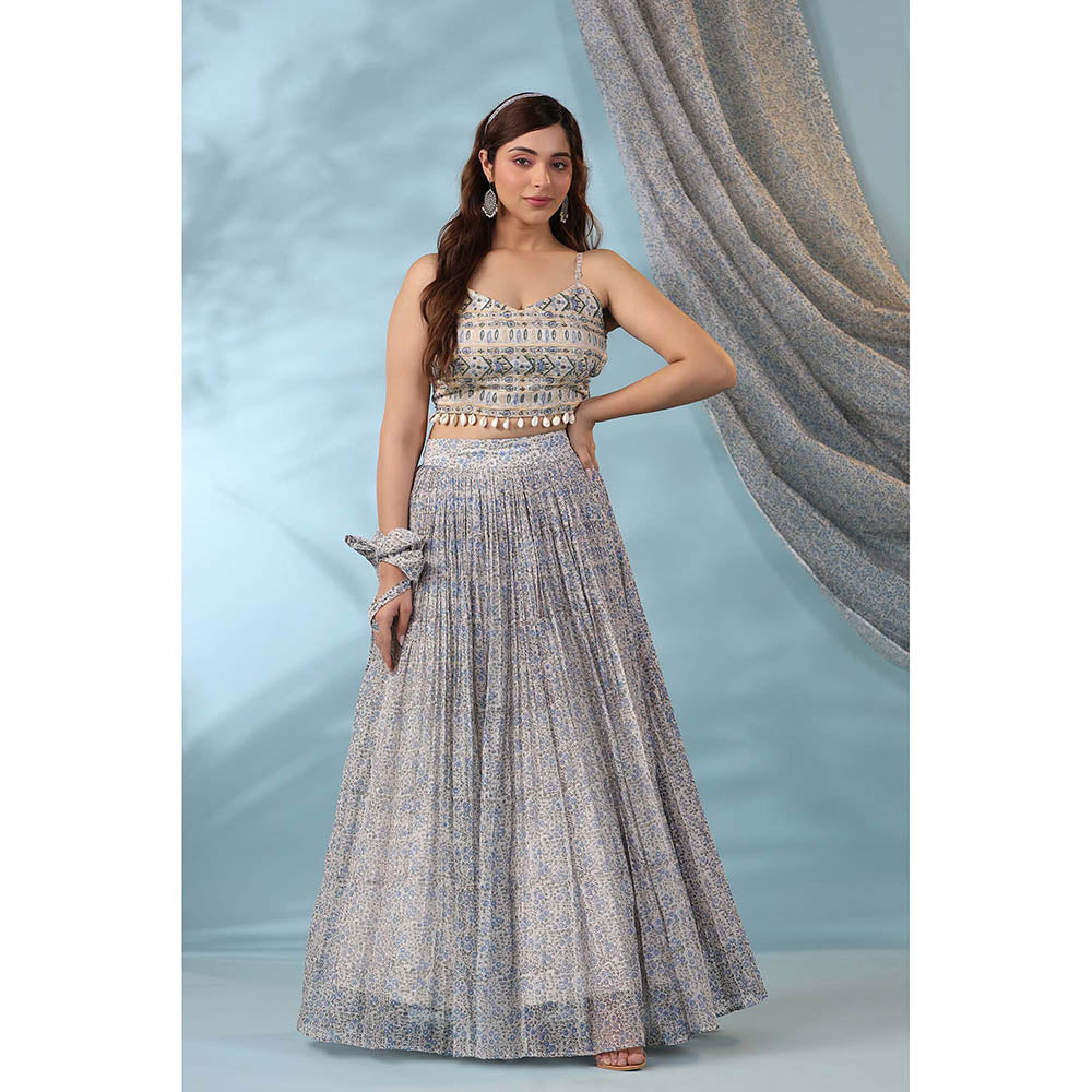 Amoree Womens Printed Blue Lehenga with Stitched Blouse and Dupatta