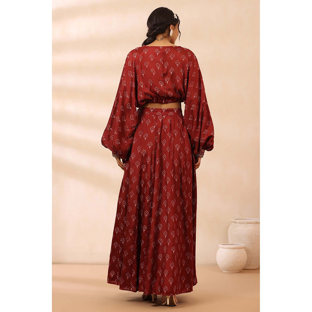 Amoree Womens Printed Maroon Lehenga with Stitched Blouse