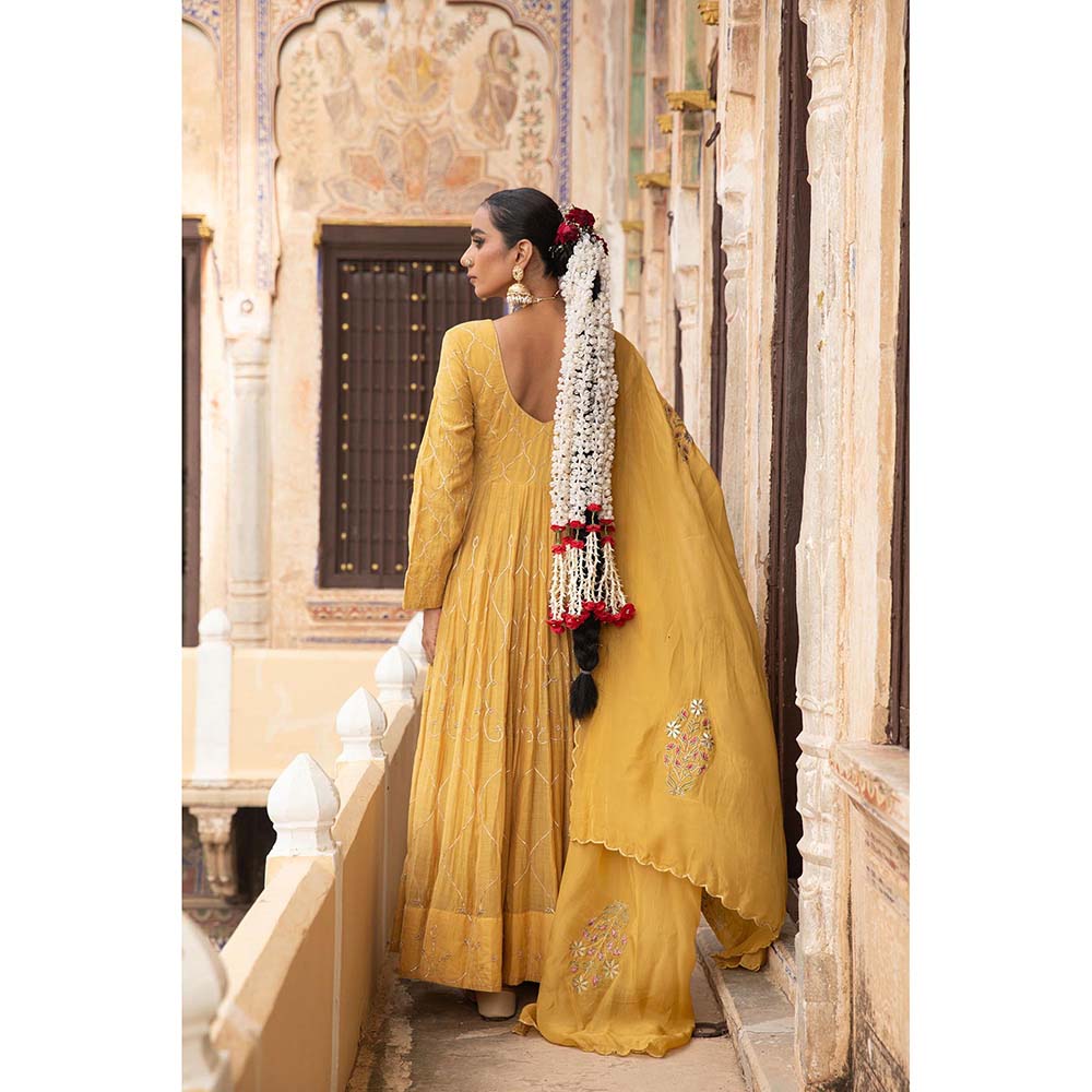 Amoree Yellow Chanderi Anarkali with Pant and Dupatta