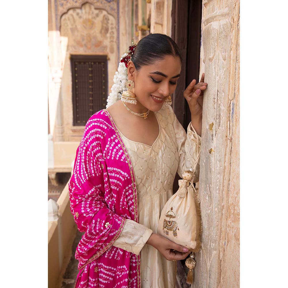 Amoree Beige Chanderi Anarkali with Pant and Dupatta