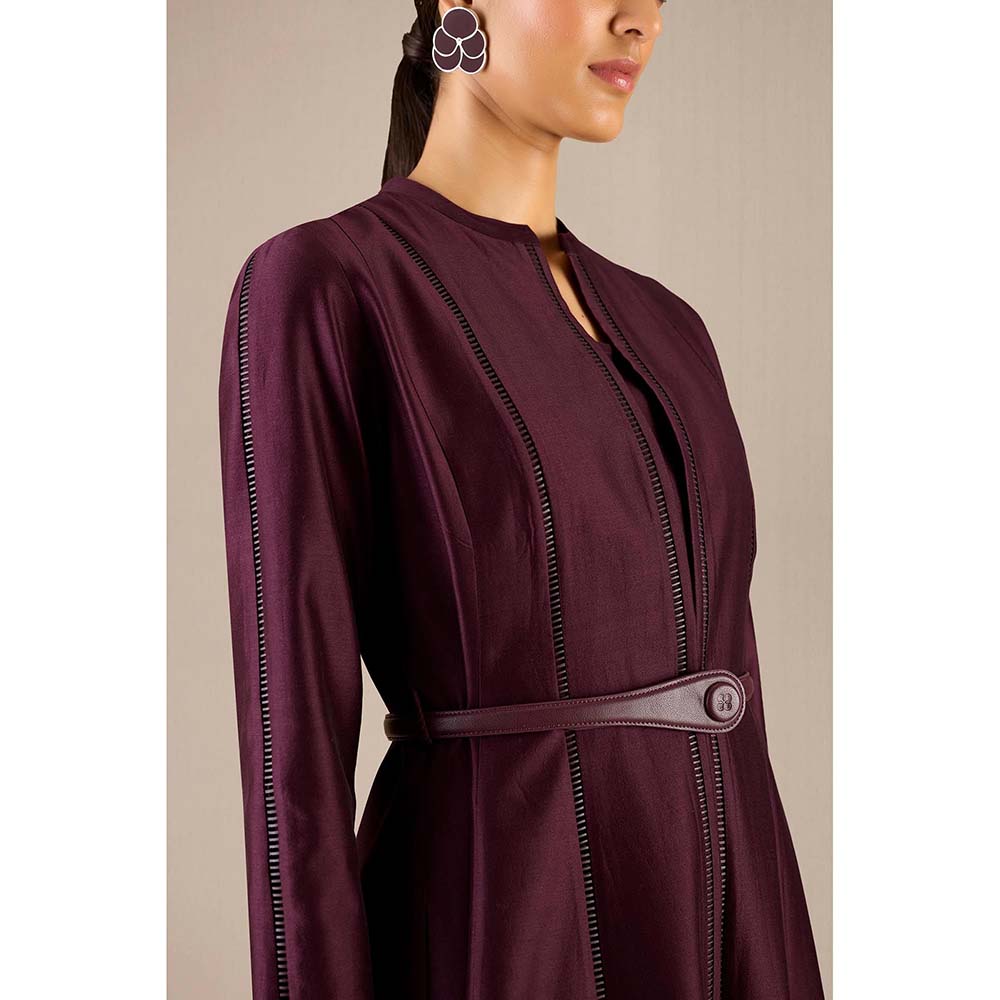 AMPM Burgundy Rumeha Abaya Jacket with Inner, Pant and Belt (Set of 4)
