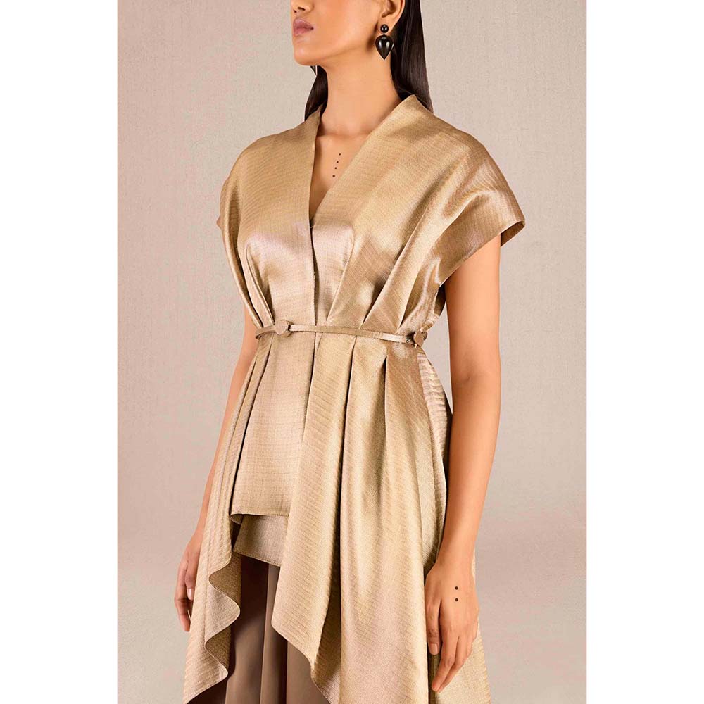 AMPM Amra Gold Textured Jacket with Skirt and Belt (Set of 3)