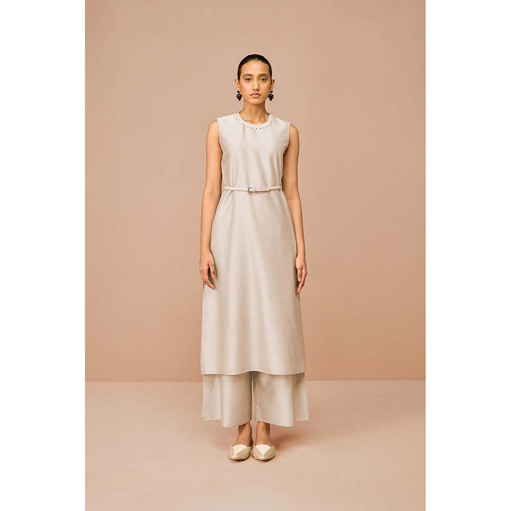 AMPM Beige Anais Self Design Jacket with Kurta Belt and Palazzo (Set of 4)