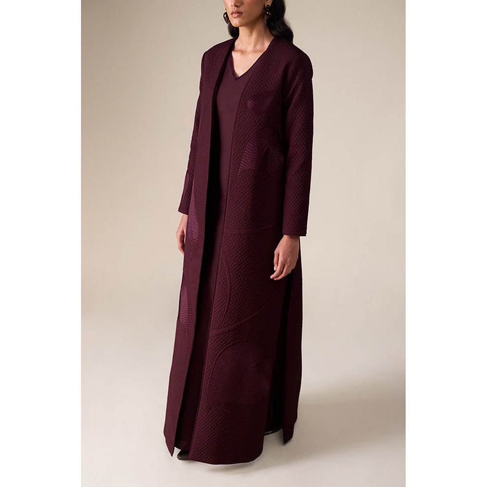 AMPM Burgundy V-Neck Floral Abaya Maxi Dress with Inner