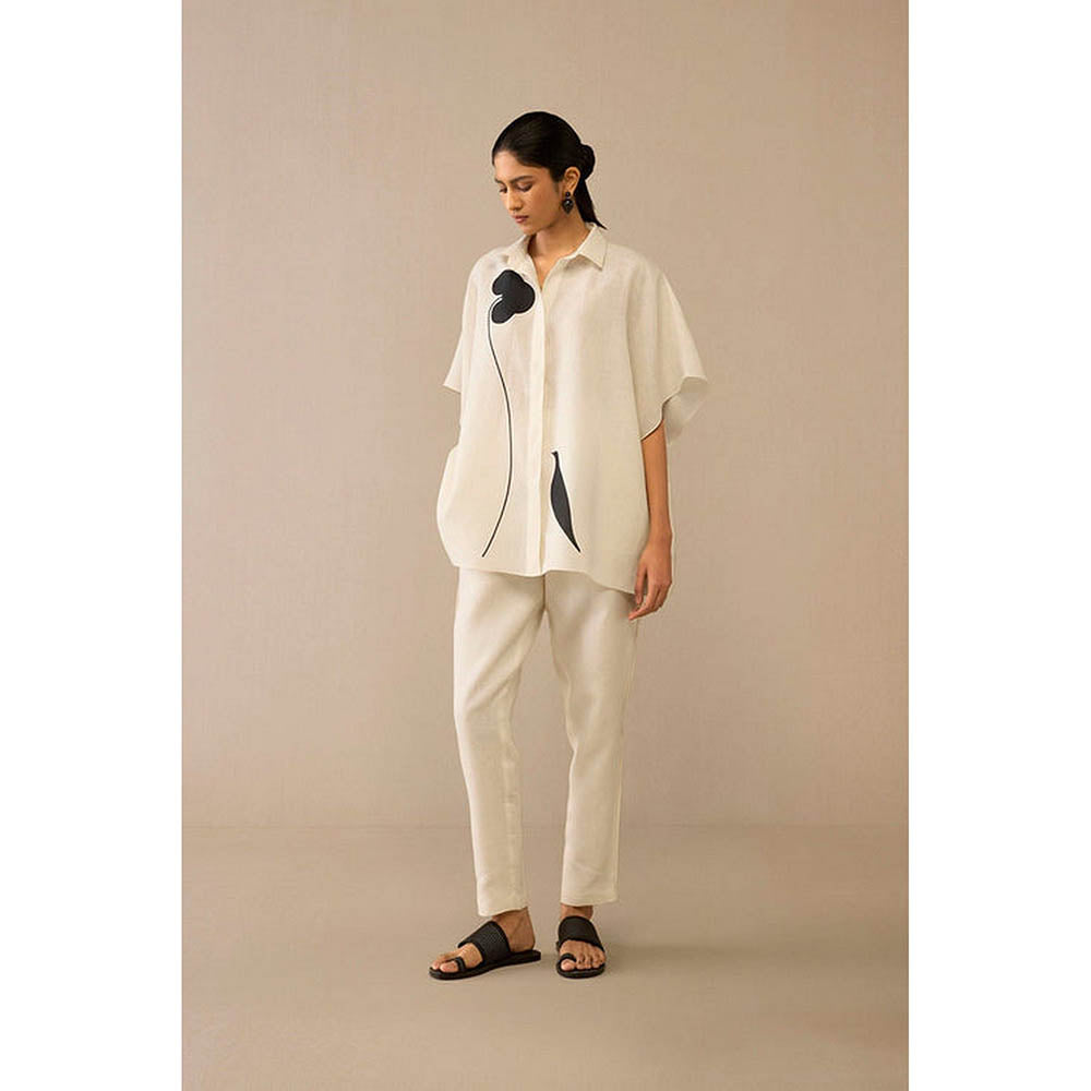 AMPM Ivory Linen Floral Collar Neck Shirt with Pant