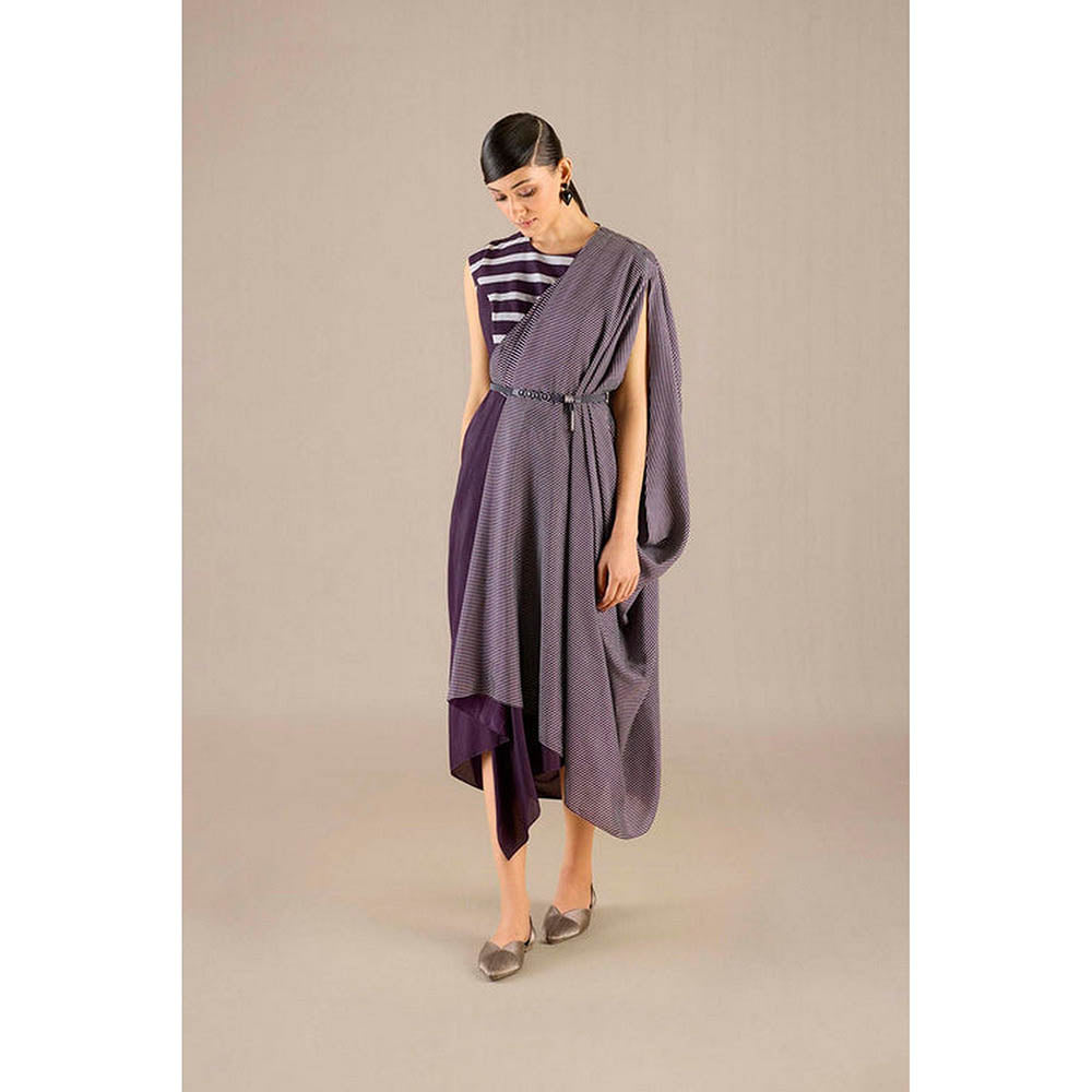 AMPM Abha Purple Pre-Draped Saree With Attached Stitched Blouse And Belt