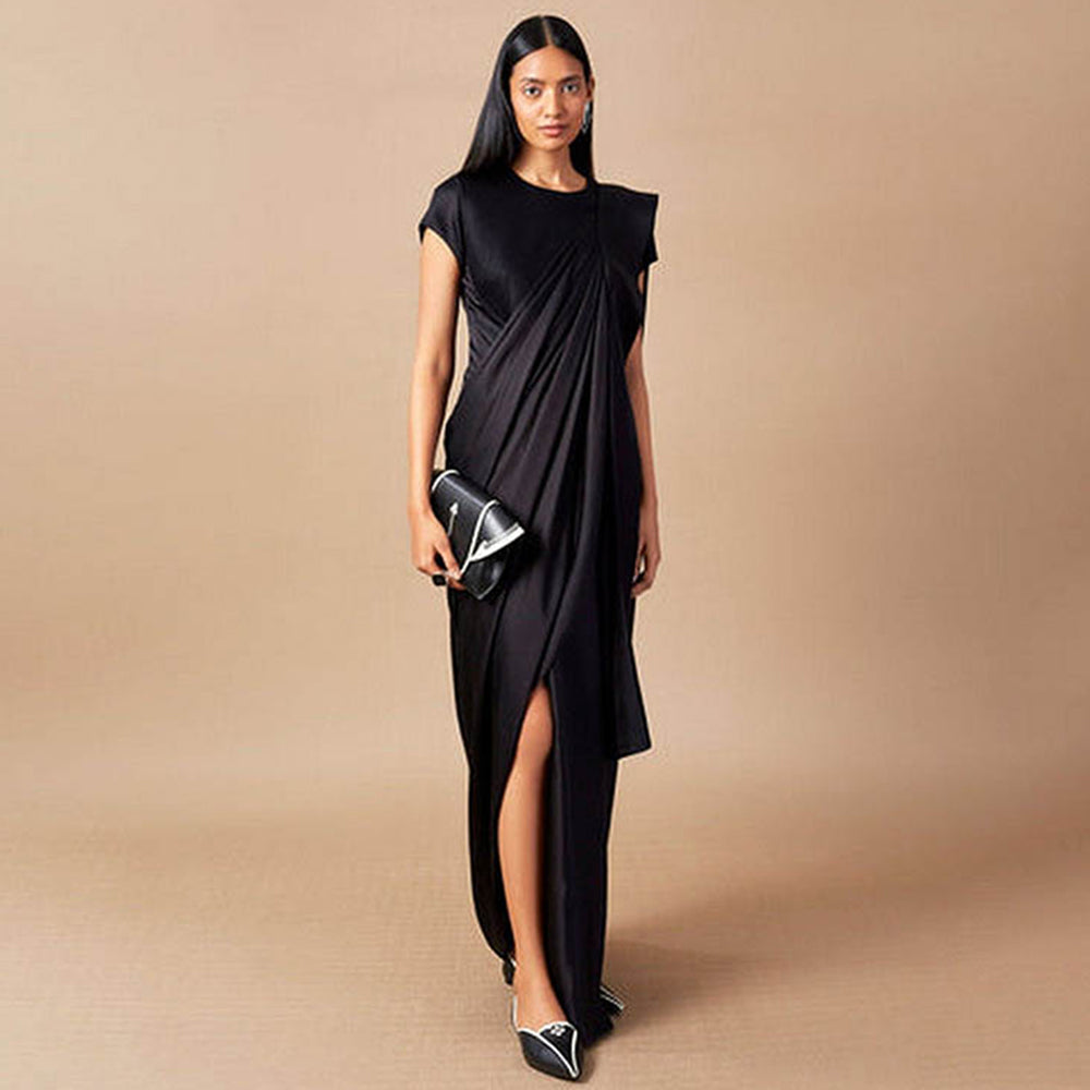 AMPM Ila Black Pre-Draped Saree With Attached Stitched Blouse