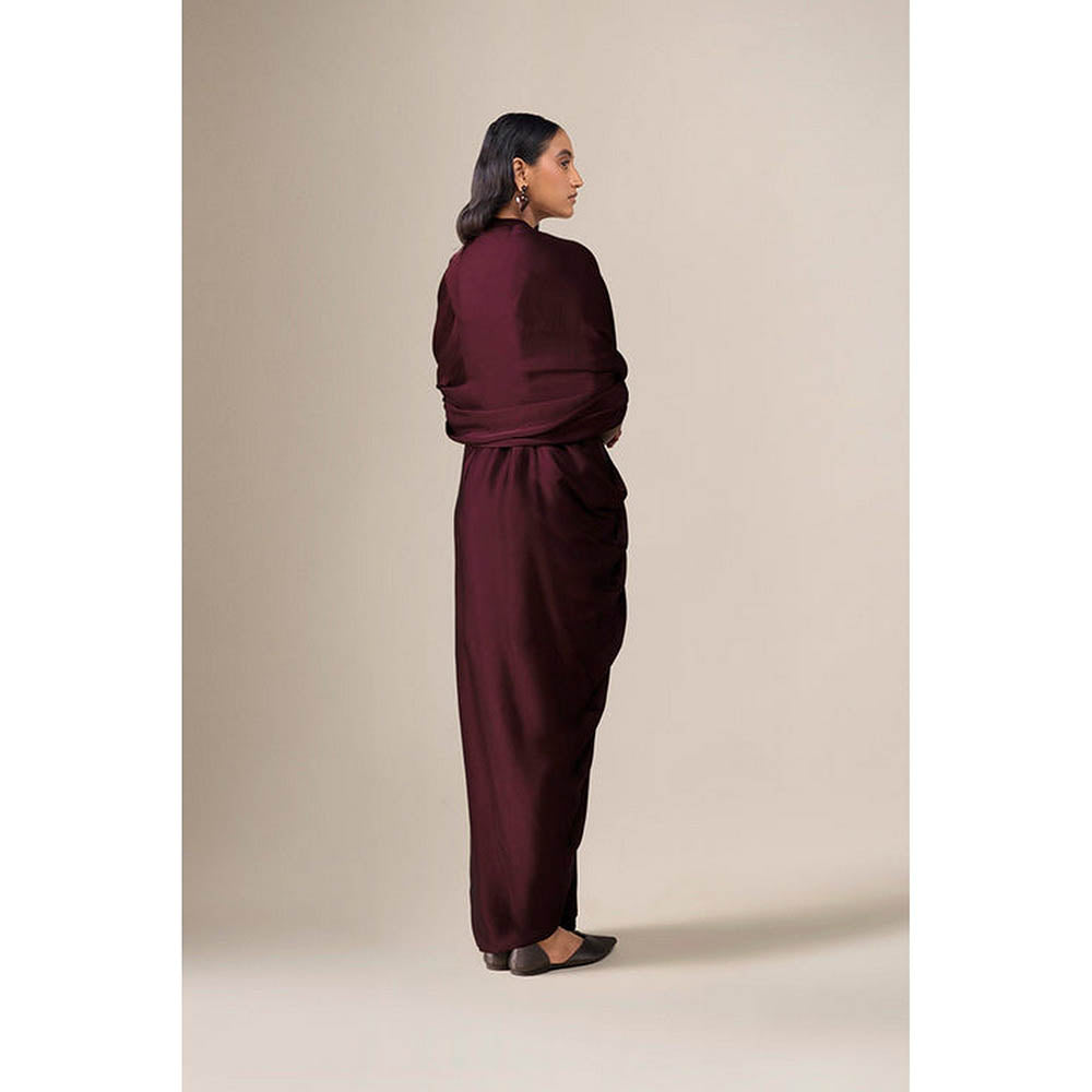 AMPM Ekiya Burgundy Pre-Draped Saree With Attached Stitched Blouse And Belt