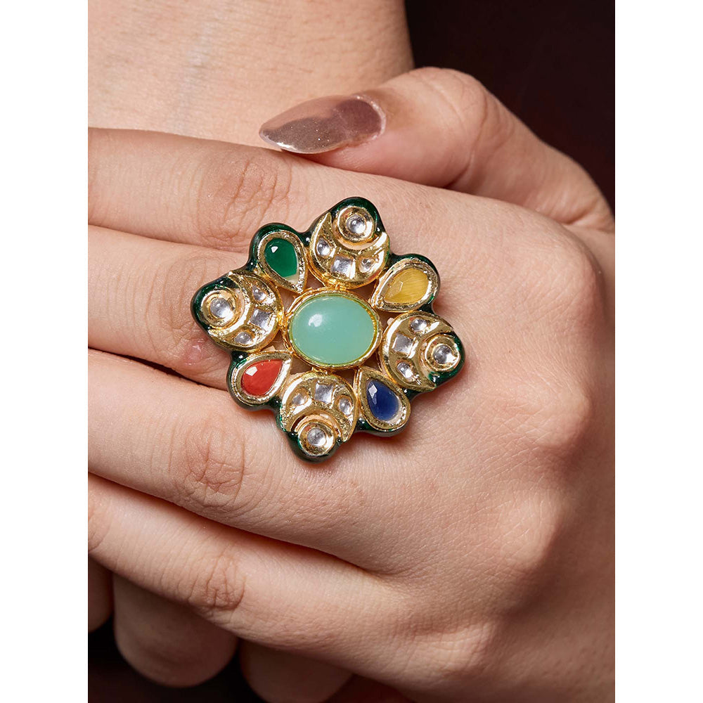 Amreli Jaipur Green Adjustable Kundan Ring