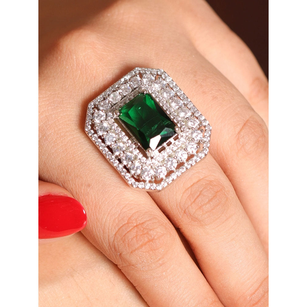 Amreli Jaipur Silver Plated Green American Diamond Ring