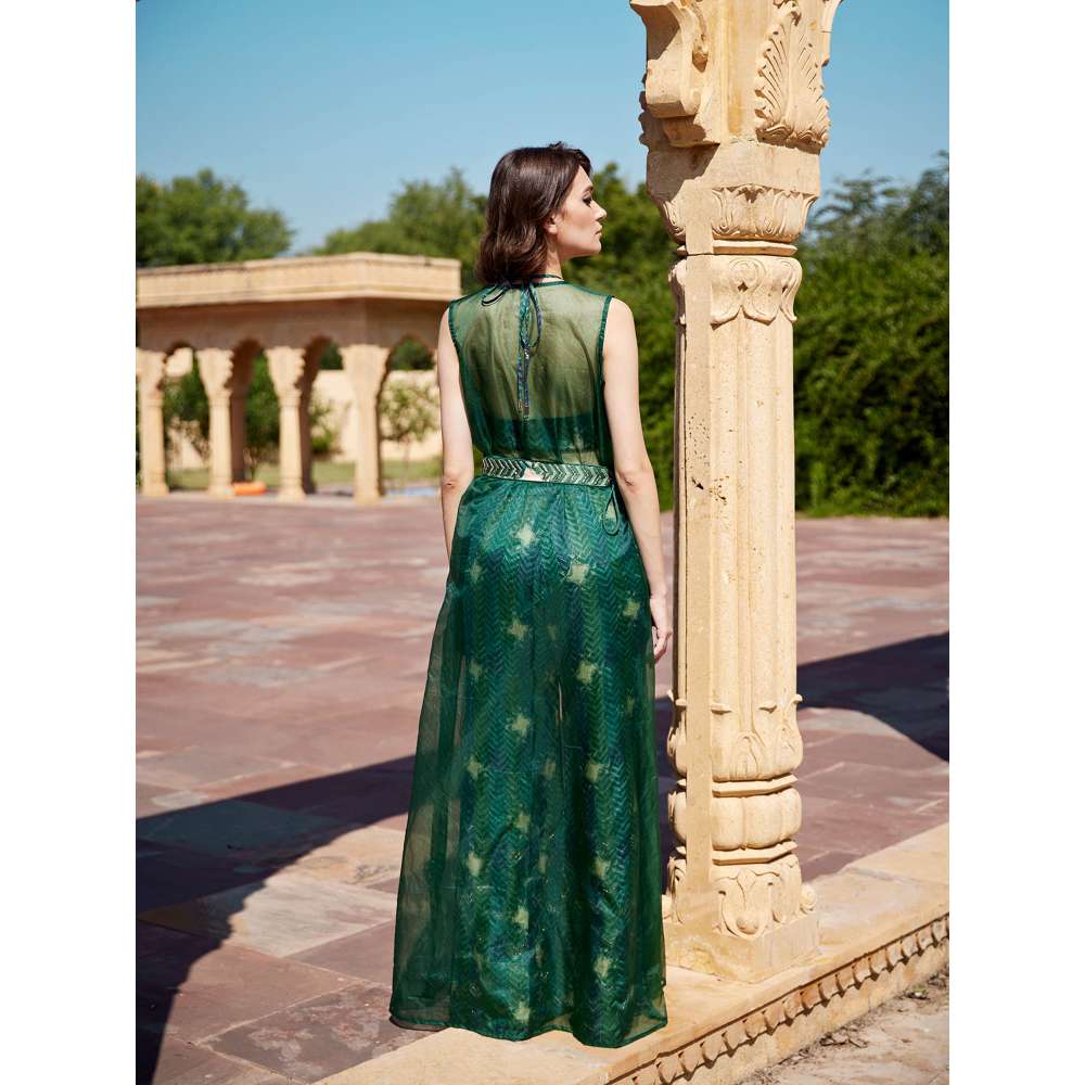 Amrood Green Crop Top with Flared Pant and Jacket and Belt (Set of 4)