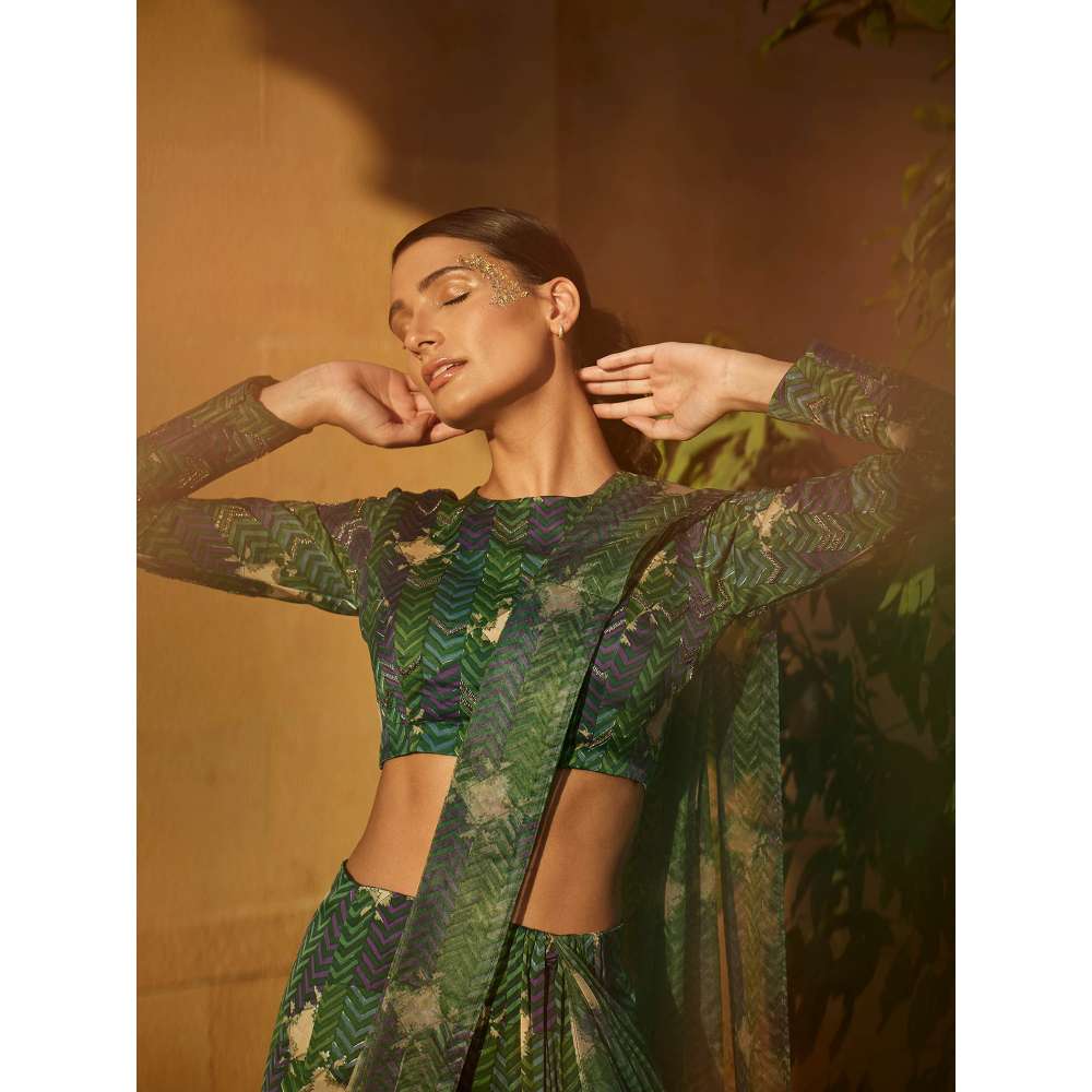 Amrood Green Pre-Draped Saree with Stitched Blouse