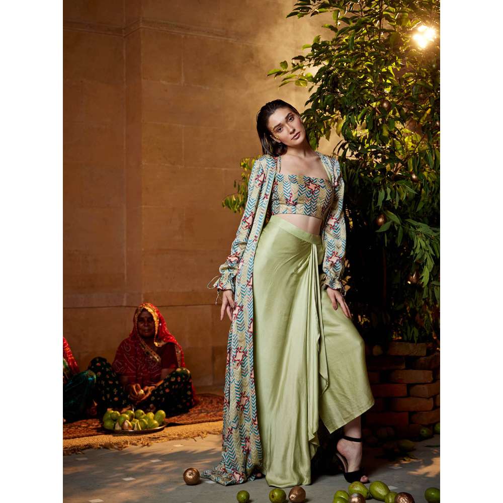 Amrood Beige Crop Top with Jacket and Skirt (Set of 3)