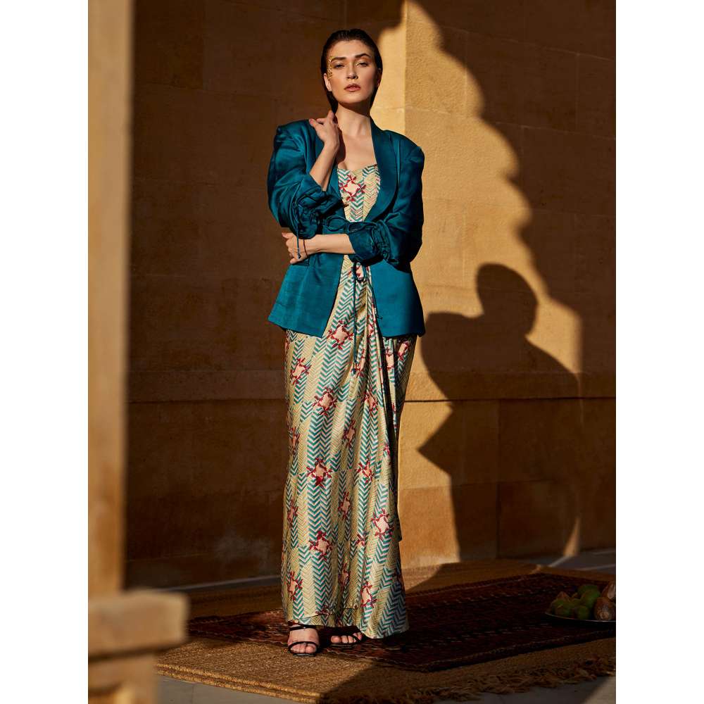 Amrood Blue Crop Top with Jacket and Skirt (Set of 3)