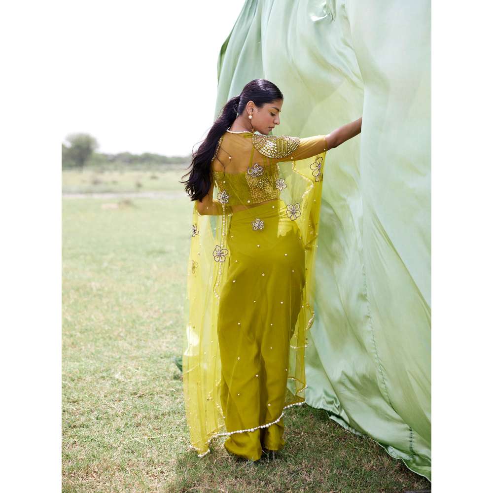 Amrood Green Crop Top with Skirt and Cape (Set of 3)