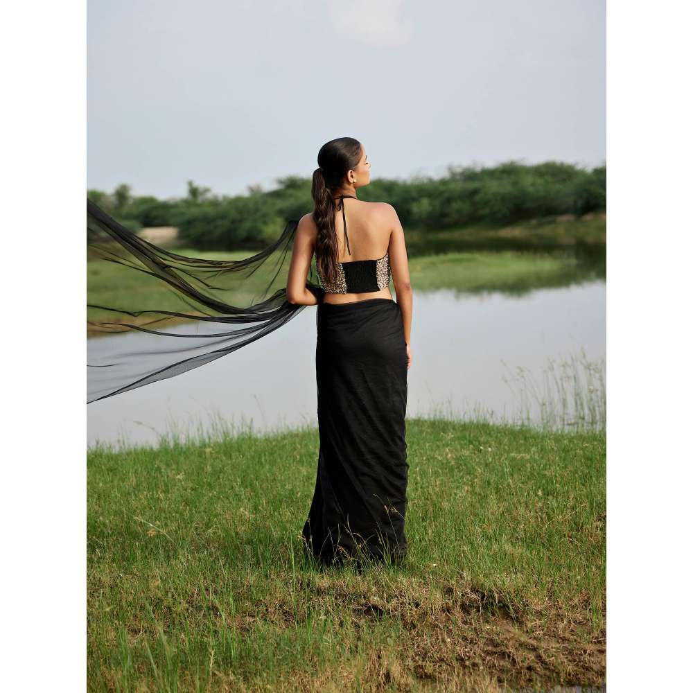 Amrood Black Saree with Stitched Blouse