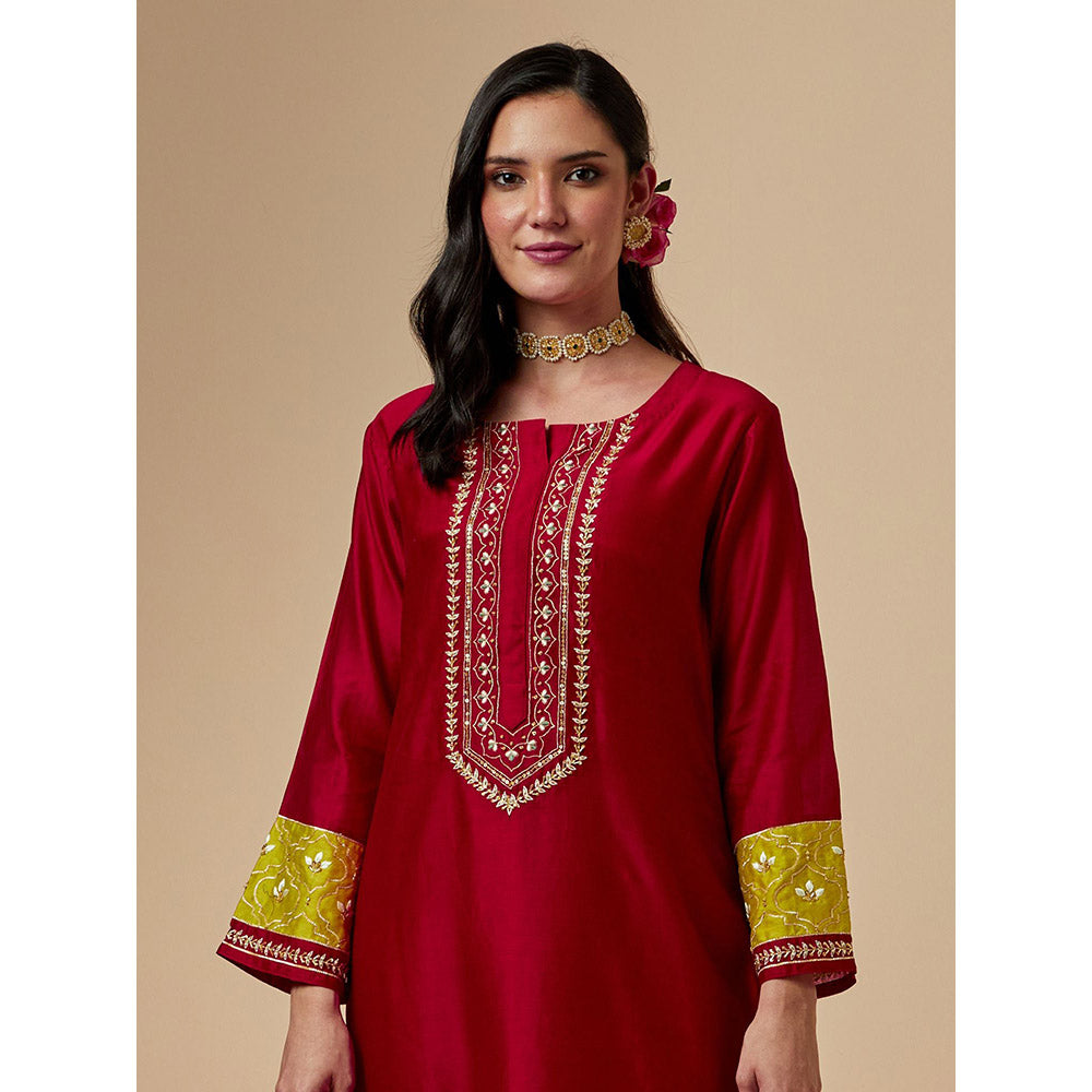 Anantaa by Roohi Trehan Red Silk Chanderi A-Line Hand Embroidered Kurta