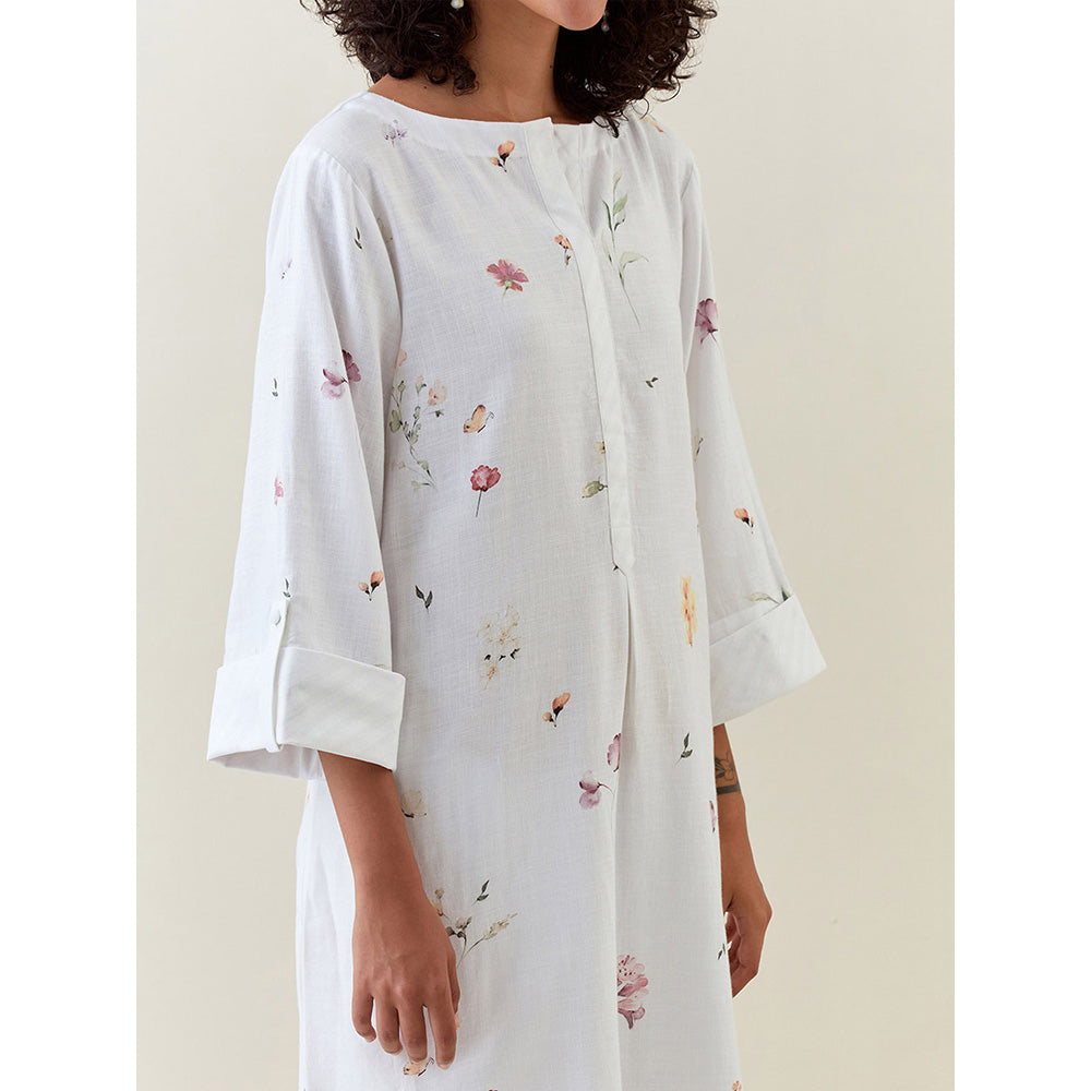 Anantaa by Roohi Trehan White Botanical Print Cotton Linen Tunic With Pocket
