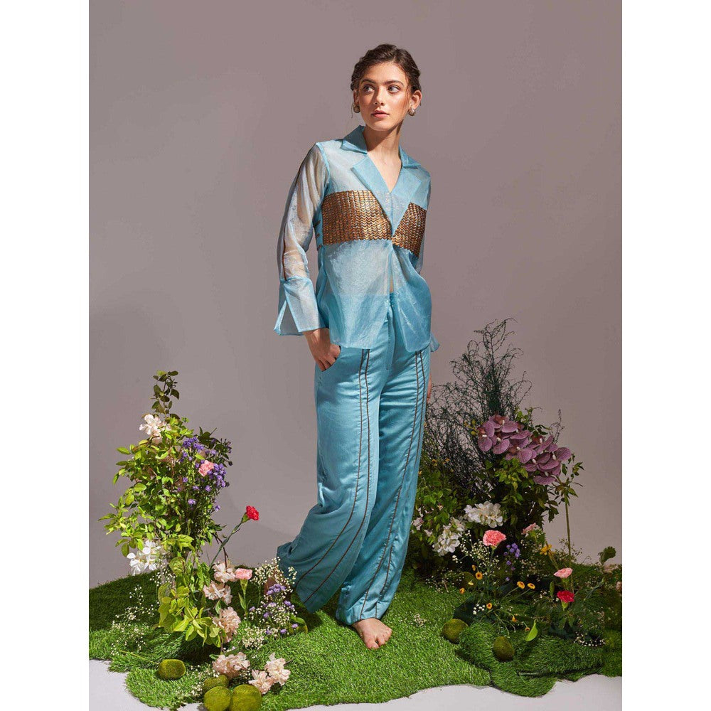 AN'ERA BY ASMITA VERMA Aqua Nora Jacket with Pant and Belt (Set of 3)