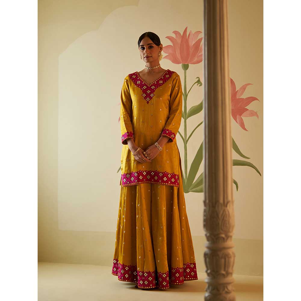 ANGAD SINGH Mustard Satin Silk Sharara with Kurti & Dupatta (Set of 3)