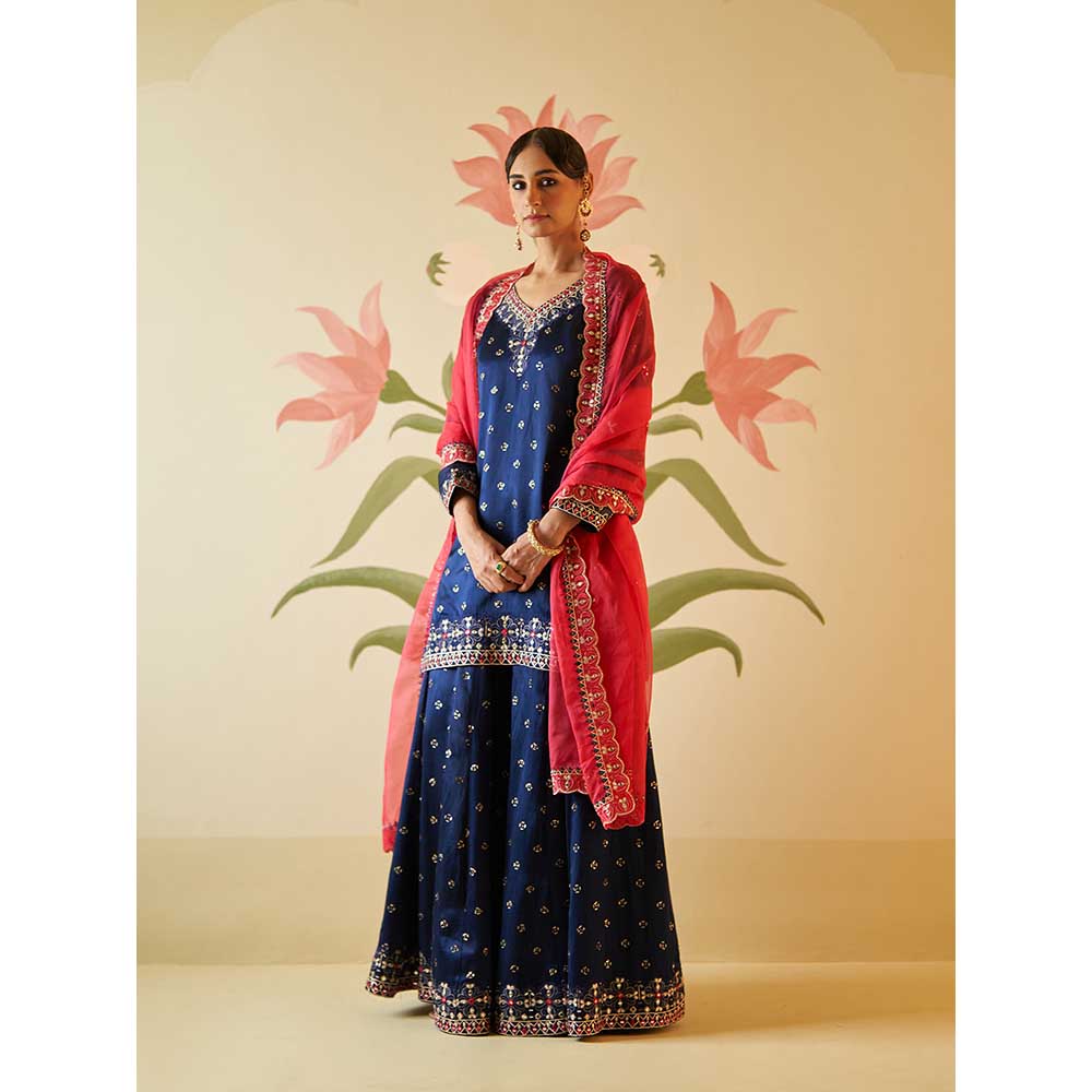 ANGAD SINGH Mid Night Blue Satin Silk Sharara with Kurti & Dupatta (Set of 3)