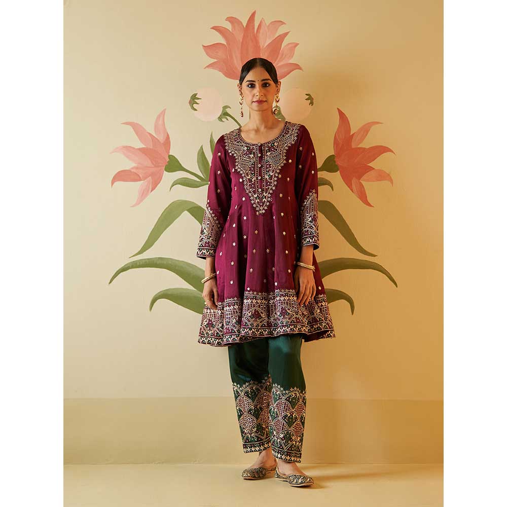 ANGAD SINGH Wine Satin Silk Anarkali Kurta with Pant & Dupatta (Set of 3)