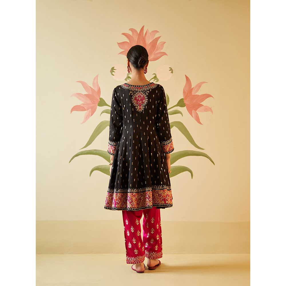 ANGAD SINGH Black Satin Silk Anarkali Kurta with Pant & Dupatta (Set of 3)