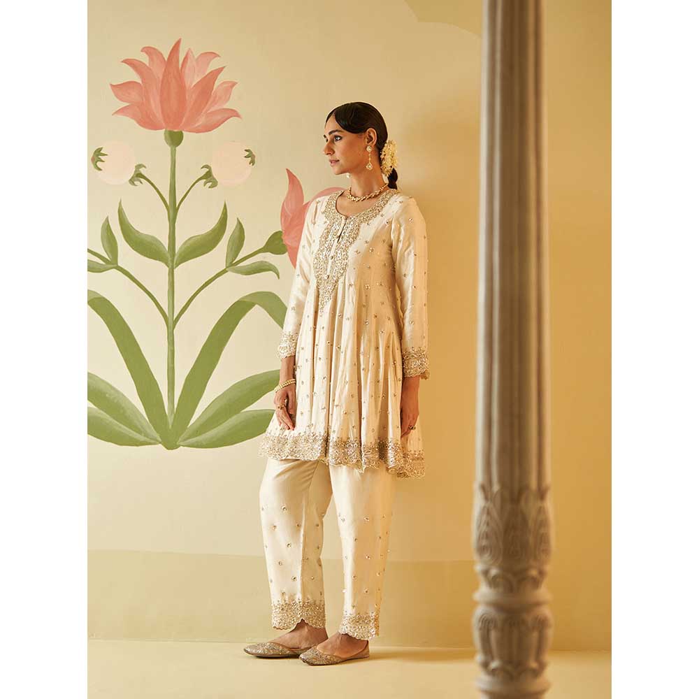 ANGAD SINGH Ivory Chanderi Silk Anarkali Kurta with Pant & Dupatta (Set of 3)