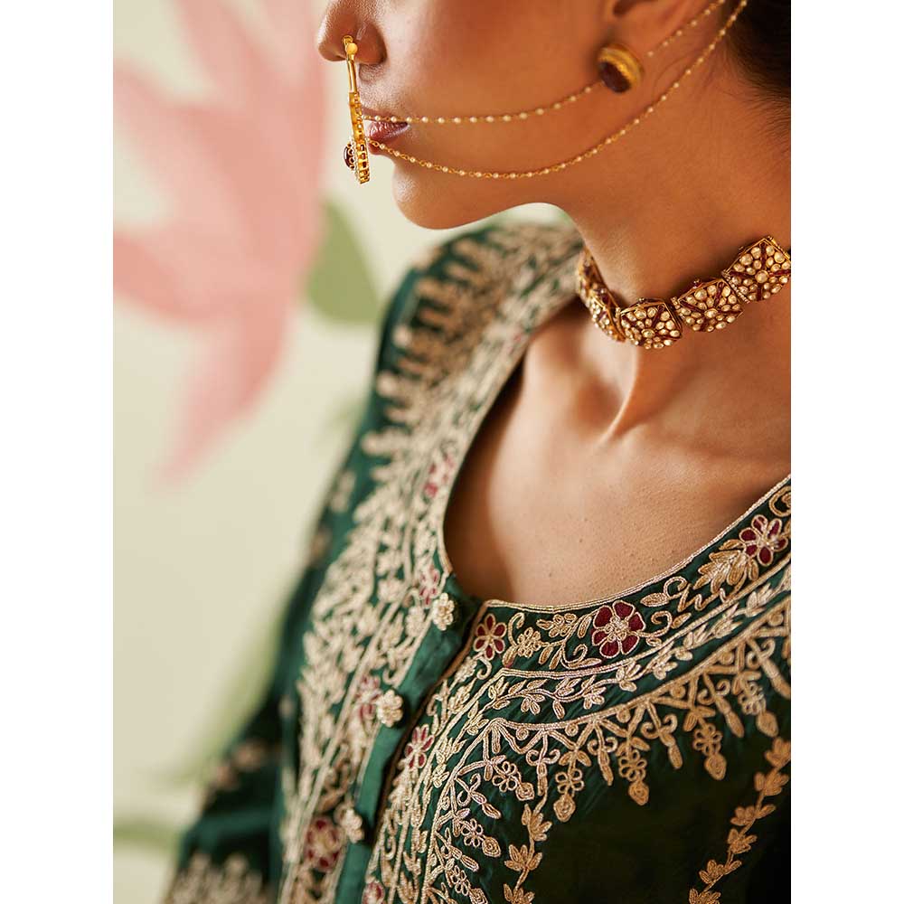 ANGAD SINGH Green Chanderi Silk Kurta with Pant & Dupatta (Set of 3)