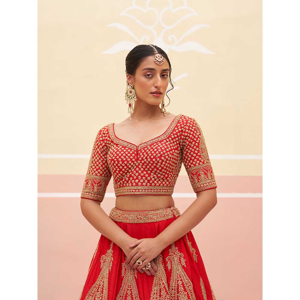 ANGAD SINGH Red Raw Silk Lehnga with Blouse & Dupatta (Set of 3)