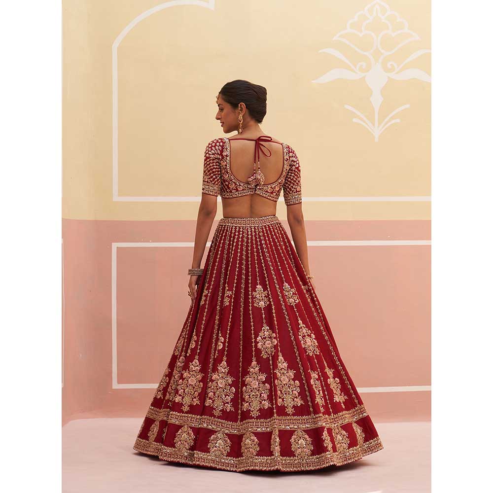 ANGAD SINGH Maroon Raw Silk Lehnga with Blouse & Dupatta (Set of 3)