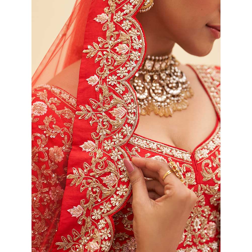 ANGAD SINGH Red Raw Silk Lehnga with Blouse & Dupatta (Set of 3)