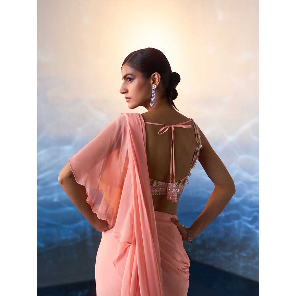 ANGAD SINGH Peach Georgette Drape Saree with Stitched Blouse