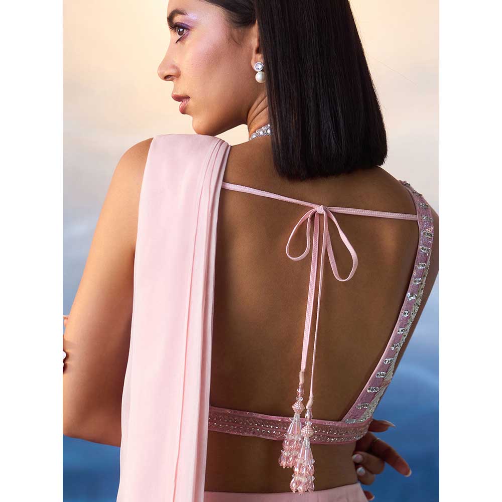 ANGAD SINGH Powder Pink Georgette Drape Saree with Stitched Blouse