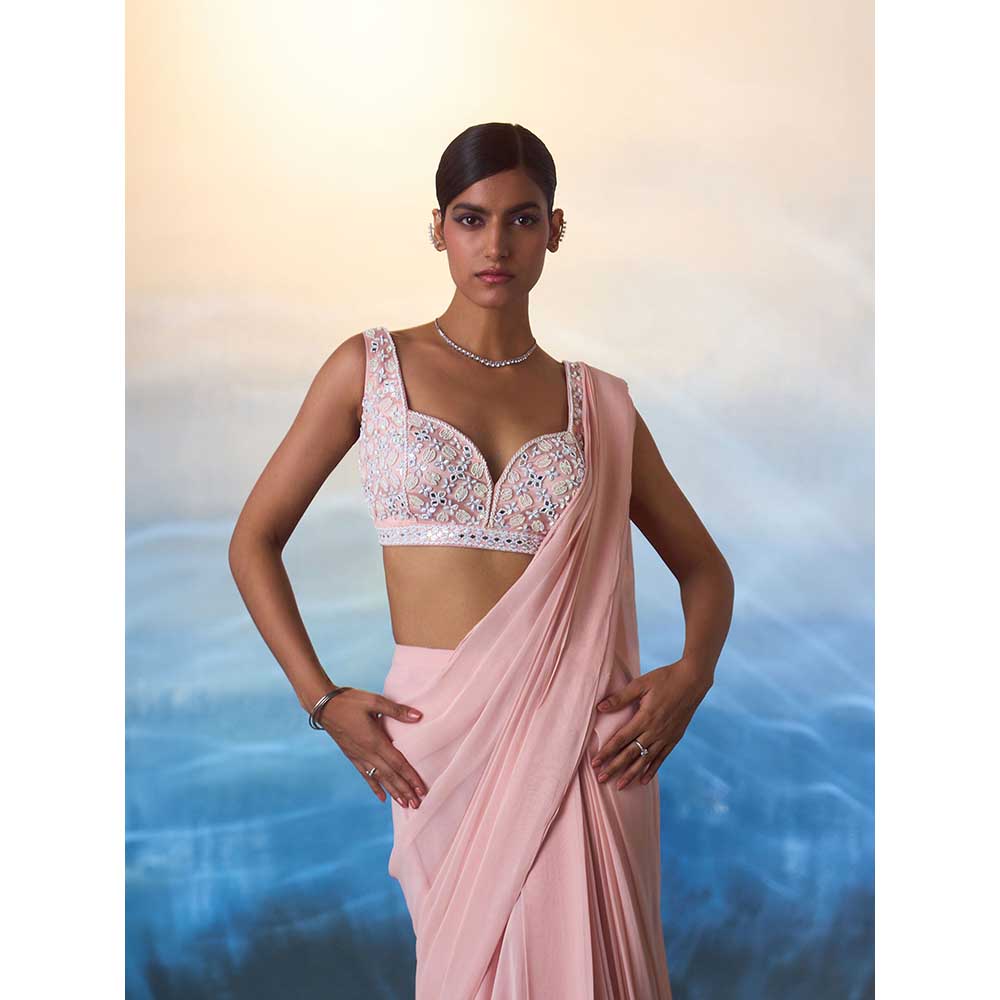 ANGAD SINGH Dusty Peach Georgette Drape Saree with Stitched Blouse