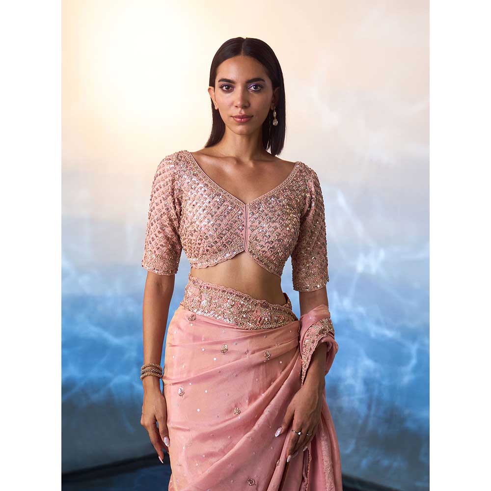 ANGAD SINGH Peach Tissue Saree with Stitched Blouse and Petticoat