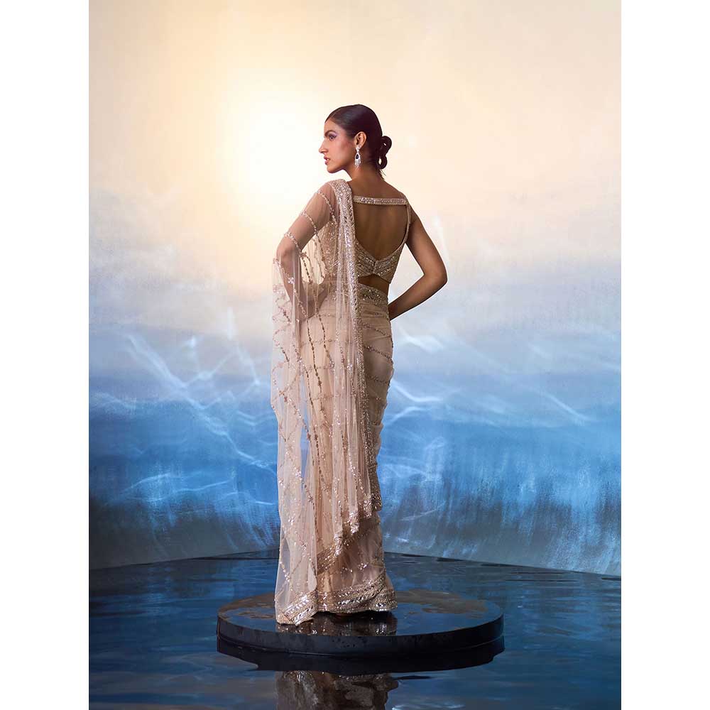 ANGAD SINGH Rose Gold Net Saree with Stitched Blouse and Petticoat