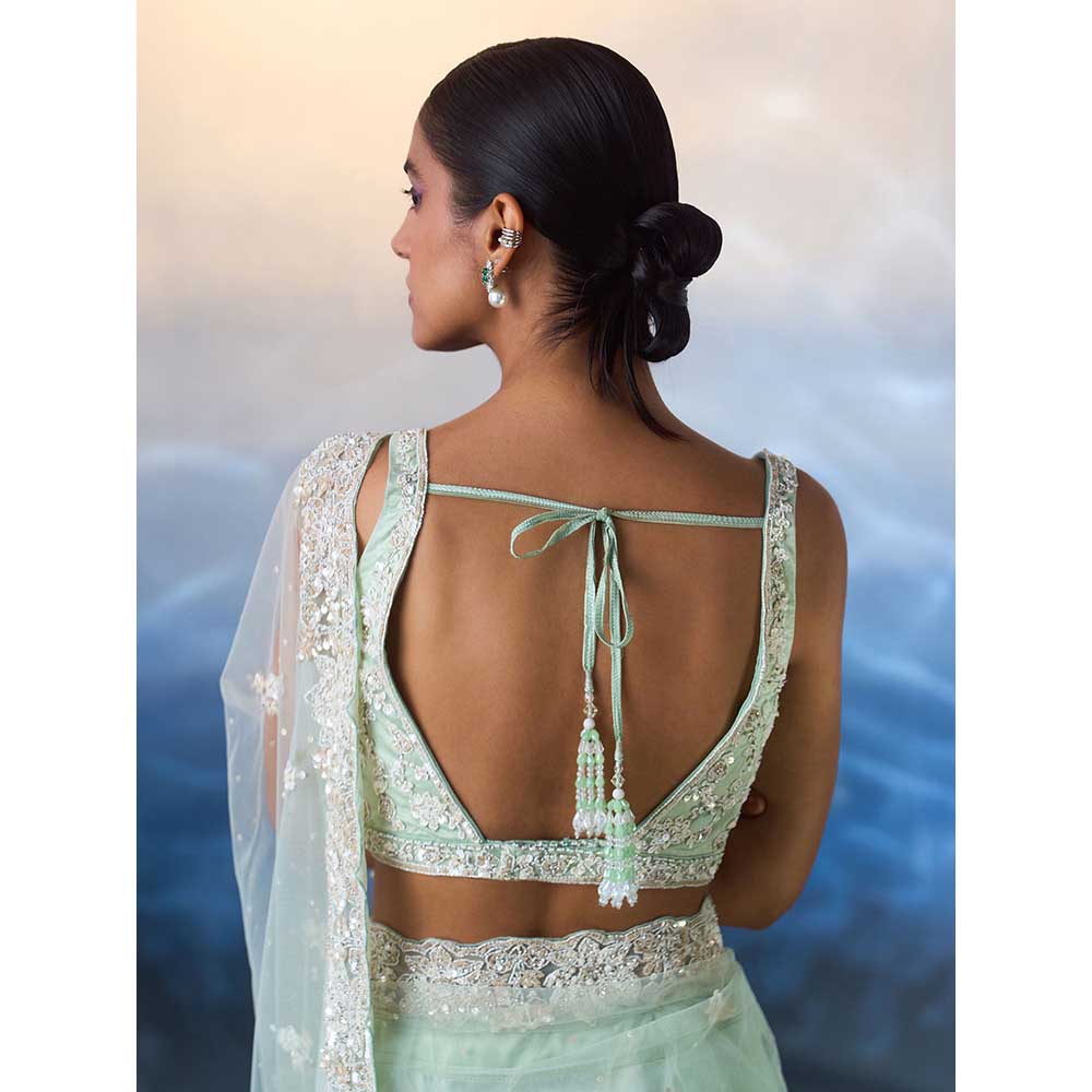 ANGAD SINGH Ice Blue Net Saree with Stitched Blouse and Petticoat