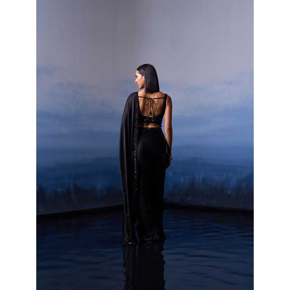 ANGAD SINGH Black Satin Saree with Stitched Blouse and Petticoat