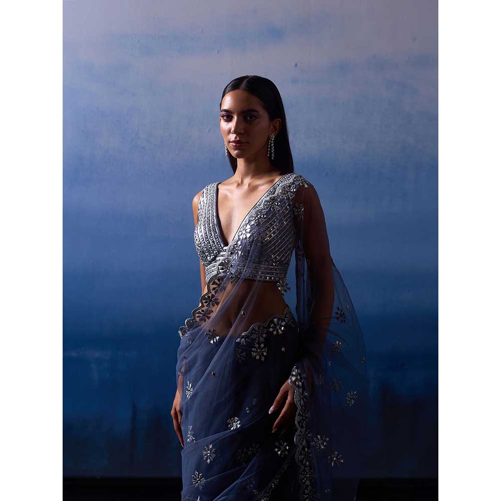 ANGAD SINGH Grey Net Saree with Stitched Blouse and Petticoat