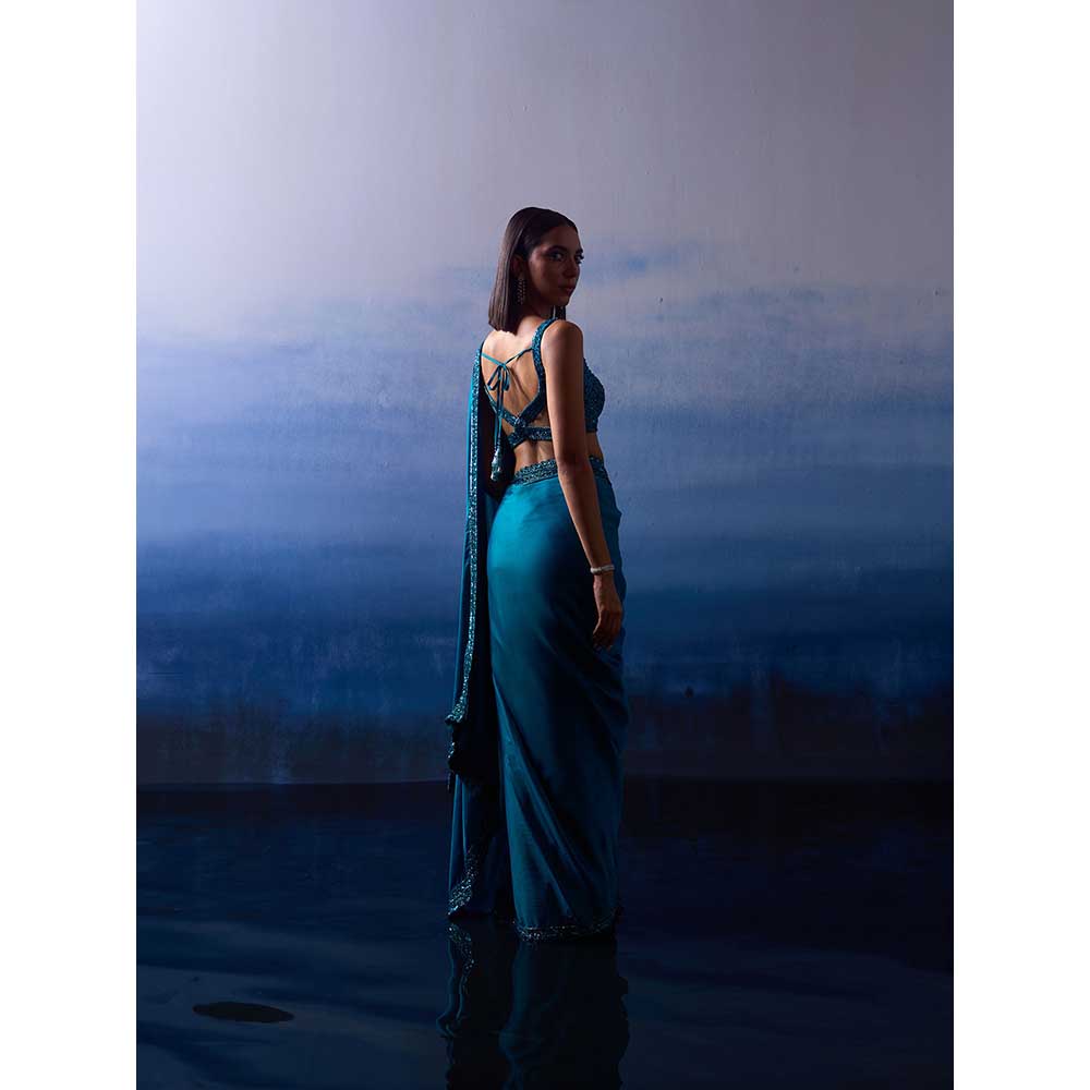 ANGAD SINGH Peacock Blue Satin Saree with Stitched Blouse and Petticoat