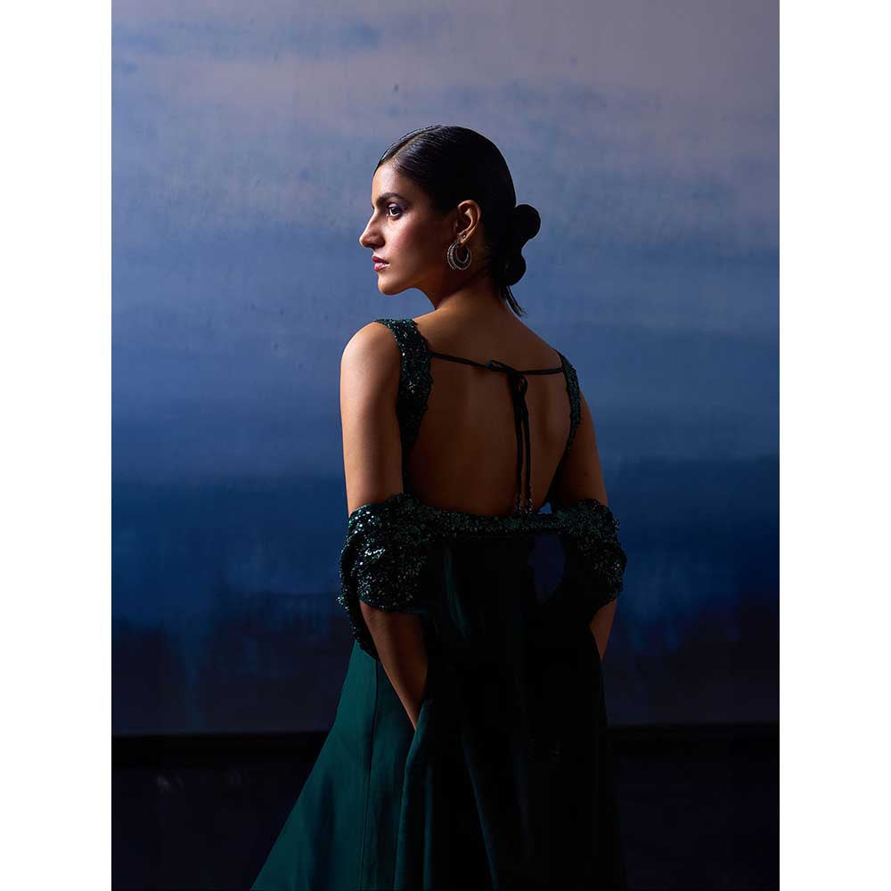 ANGAD SINGH Forest Green Organza Top with Jacket and Sharara (Set of 3)