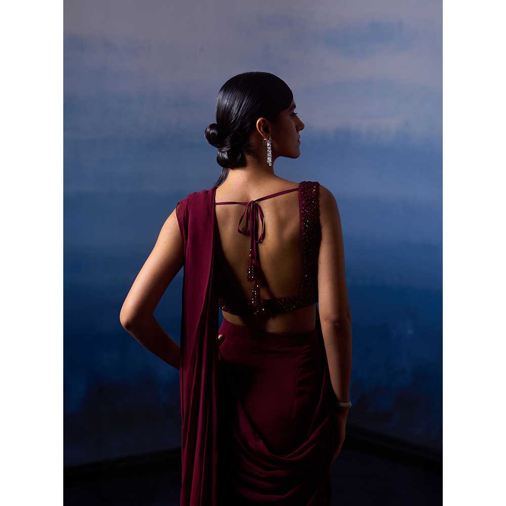 ANGAD SINGH Burgundy Drape Saree with Stitched Blouse