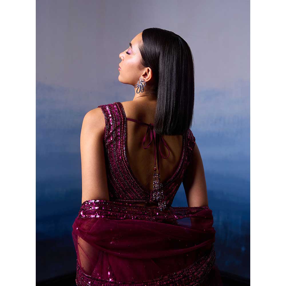 ANGAD SINGH Wine Organza Top with Cape and Sharara (Set of 3)