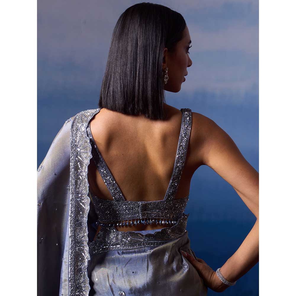 ANGAD SINGH Metallic Grey Tissue Saree with Stitched Blouse and Petticoat