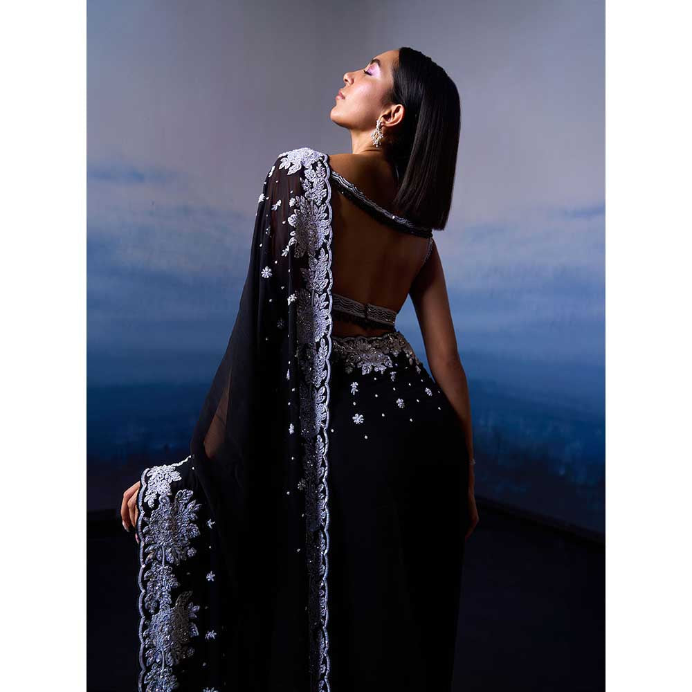 ANGAD SINGH Black Georgette Saree with Stitched Blouse and Petticoat