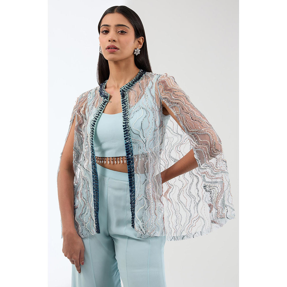 Anjali Kanwar Blue Embellished/Sequined Bustier with Cape and Sharara (Set of 3)